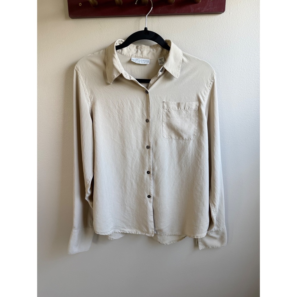 Valerie Stevens Pure Silk Button Down Shirt Beige Tan Long Sleeve Blouse Size 8